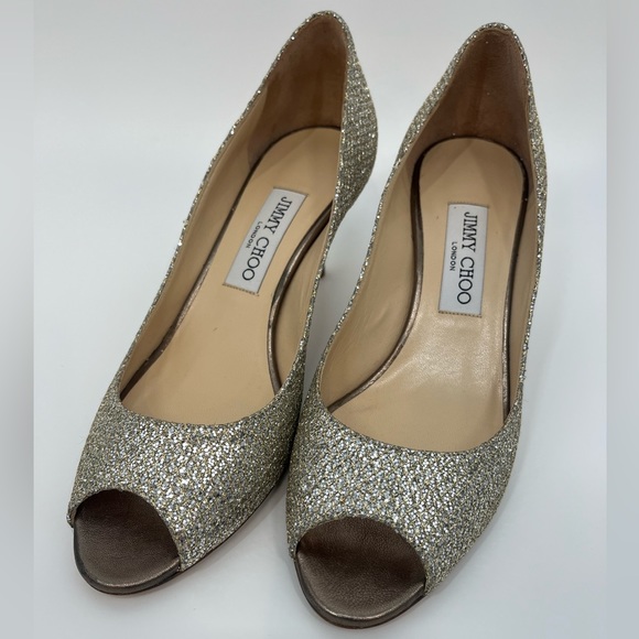 Jimmy Choo Isabel champagne/silver/gold glitter peep toe kitten heel size EU 38 - Picture 3 of 8